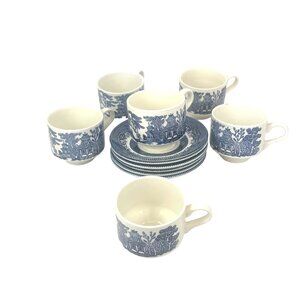 Churchill Ironstone Vintage Blue & White Willow Pattern Cups With Saucers Set Of